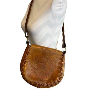 VINTAGE 60's or 70's Tooled & Etched Leather Crossbody